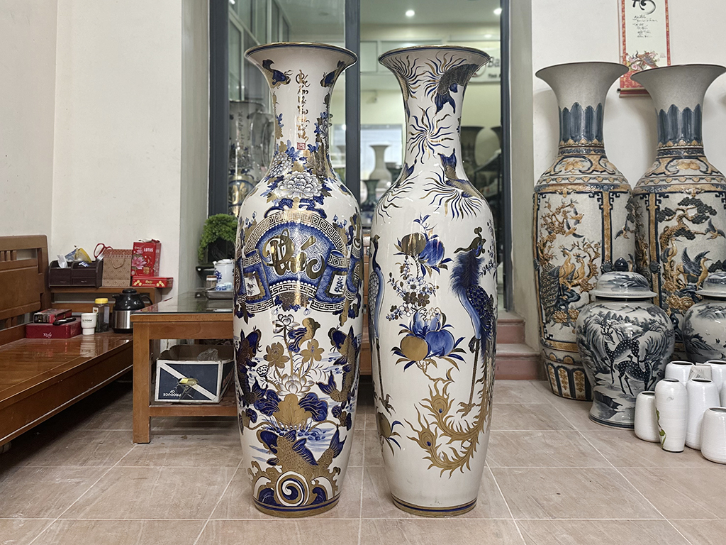 Lọ lộc bình Bát Tràng men lam Phúc Đức vẽ vàng nano 1m4 3